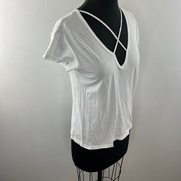 LNA White Cotton Crisscross Split V-Neck Short Sleeve Casual T-Shirt Top Size S - Picture 4 of 8